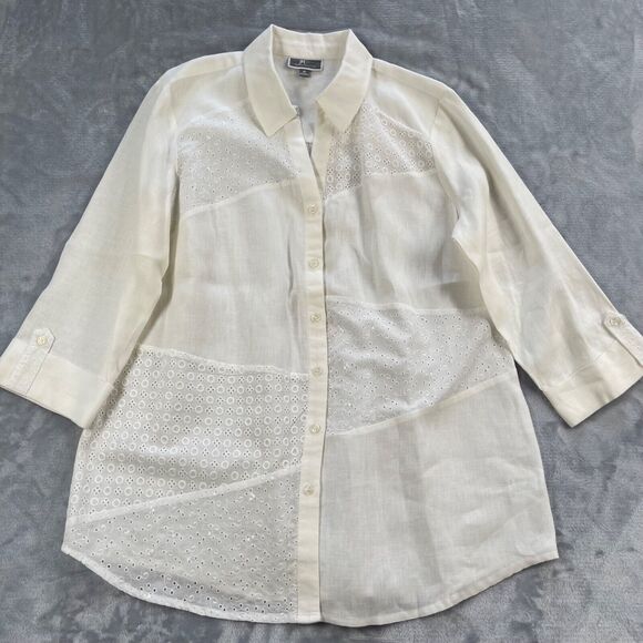 JM Collection Shirt Womens 10 White 100% Linen with Cotton Eyelet Trim Sequins - Picture 2 of 15